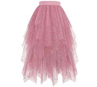 Sequin Skirt Women Stretchy Sparkly Glitter Shiny Mini Skirts Ladies Tulle Tiered Layered Fairy A-Line Mesh Skirt Knee Length Flowy High Waist Casual Summer Swing Skirts Ballet Tutu Party Dancing