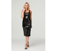 Izabel London Sequin Sleeveless Shift Dress for Women UK with Square Neck, Wide cami Straps and midi Length. Black