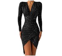 Sequin Split Glitter Red Women's Sexy Ball A Line V-Neck Long Sleeve Mini Short Tight Wrap Bodycon Personalities Cocktail Dress for Night Club Party, Black, M