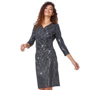 Roman Originals Sequin Spot Side Ruched Dress for Women UK - Ladies Autumn Everyday Winter Holiday V-Neckline Comfy 3/4 Sleeve Soft Frock Stretch Jersey Gowns - Silver - Size 18