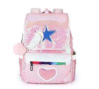 Sequin Star Heart Backpack for Girls Cute Glitter Sparkly Casual Backpack with Furry Balls For College Young Girls, Pink, M, Fashion Cute Design Sparkly Sequin Backpack