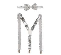 Sequin Suspenders, Glitter Bow Tie, Sequin Costume Accessories for Wedding Party Birthday Parties Hen Party Night (Silver)
