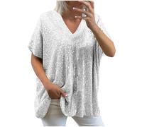 Sequin T Shirt for Women UK Solid V Neck Shirts Sparkling Summer Casual Loose Blouses Short Sleeve Tshirts Ladies Shimmer Pullover Glitter Top Sparkly Festival Party Shining Tees S-3XL Silver