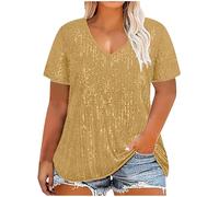 Sequin T-Shirts for Women UK Ladies Tops Sexy Sparkle Glitter Shirt Going Out Loose Tops Fashion Elegant Party Solid Short Sleeve V Neck Blouse Top Large Size XL-XXXL Gold