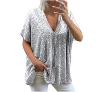 Sequin T Shirts for Women UK Sale Ladies Party Tops Sexy Sparkle Glitter Shirt Going Out Loose Fit Tunic Tops Fashion Elegant Party Solid Flutter Sleeve V Neck Blouse Silver