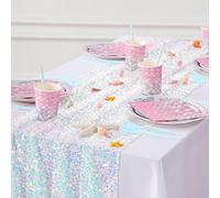 Sequin Table Runner White Table Runner 25X120 inch Iridescent Table Runner Mermaid Party Table Linen 10ft for Birthday Party Ceremony Table Decorations