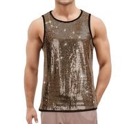 Sequin Tank Top for Men Shiny Vest Sparkle Vests Glitter Sleeveless Disco T Shirt Rave Party Nightclub T-Shirt Sequin Muscle Tank Top Clubwear Carnival Vest Champagne Gold