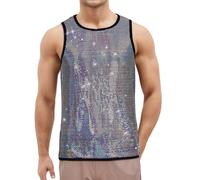 Sequin Tank Top for Men Shiny Vest Sparkle Vests Glitter Sleeveless Disco T Shirt Rave Party Nightclub T-Shirt Sequin Muscle Tank Top Clubwear Carnival Vest Silver