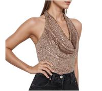 Sequin Tank Tops for Women 2025, Cowl Neck Draped Ruched Front Sleeveless Open Back Glitter Party Shirts Holiday Tops Halter Vest Shirts Summer Going Out Camisole Blouses Ladies Evening Cami Gold