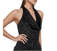 Sequin Tank Tops for Women 2025, Cowl Neck Draped Ruched Front Sleeveless Open Back Glitter Party Shirts Holiday Tops Halter Vest Shirts Summer Going Out Camisole Blouses Ladies Evening Cami Black