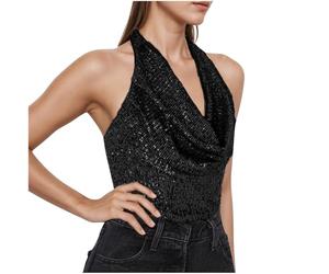 Sequin Tank Tops for Women 2025, Cowl Neck Draped Ruched Front Sleeveless Open Back Glitter Party Shirts Holiday Tops Halter Vest Shirts Summer Going Out Camisole Blouses Ladies Evening Cami Black