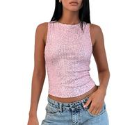 Sequin Tank Tops for Women Shine Sequin Tank Tops Sleeveless Crew Neck Glitter Slim Fit Vest Sparkle Blouses (Pink, L)