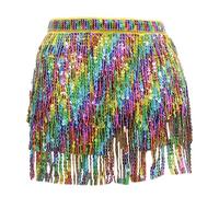 Sequin Tassel Skirt for Women, Glitter Sparkly Fringe Belly Dance Hip Scarf Skirts, 4 Layers Tassels Mini Rainbow Wrap Skirt for Festival Dance Performance Metallic Rave Party Belts Costume Outfits