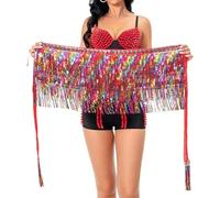 Sequin Tassel Skirt for Women, Glitter Sparkly Fringe Belly Dance Hip Scarf Skirts, 4 Layers Tassels Mini Rainbow Wrap Skirt for Festival Dance Performance Metallic Rave Party Belts Costume Outfits