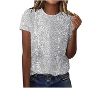 Sequin Top for Women UK Sparkly Glitter Blouse Shiny Party Club Tunic Tops Elegant Short Sleeve Crew Neck Dressy Tee Ladies Loose Slim T Shirt Shimmer Wedding Going Out Prom Cocktail Christmas White