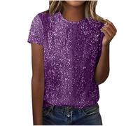 Sequin Top for Women UK Sparkly Glitter Blouse Shiny Party Club Tunic Tops Elegant Short Sleeve Crew Neck Dressy Tee Ladies Loose T Shirt Shimmer Wedding Going Out Prom Cocktail Christmas Purple