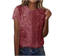 Sequin Top for Women Uk Sparkly Glitter Blouse Shiny Party Club Tunics Elegant Short Sleeve Crew Neck Dressy Tee Ladies Loose Shirt Shimmer Wedding Going Out Prom Cocktail Christmas 8 10 12 14 16 Wine
