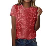 Sequin Top for Women UK Sparkly Glitter Blouse Shiny Party Night Club Tunic Top Elegant Short Sleeve Crew Neck Dressy Tee Ladies Loose T Shirt Shimmer Wedding Going Out Prom Cocktail Christmas Red 3XL