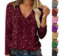 Sequin Top for Women UK Sparkly Glitter Blouse Shiny Party Night Club Tunic Tops Elegant Long Sleeve V Neck Tops Ladies Baggy Loose Shirt Shimmer Wedding Going Out Prom Cocktail Christmas Wine XL