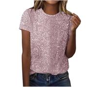 Sequin Top for Women UK Sparkly Glitter Blouse Shiny Party Night Club Tunic Tops Elegant Short Sleeve Crew Neck Dressy Tee Ladies Loose T Shirt Wedding Going Out Prom Cocktail Christmas Pink 3XL