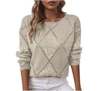 Sequin Top for Women UK Sparkly Glitter Blouse Shiny Sweatshirt Party Club Tunics Winter Warm s Elegant Hollow Out Long Sleeve Crew Neck Tee Ladies Loose T Shirt Wedding Prom Cocktail Christmas Khaki