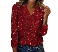 Sequin Top for Women UK Sparkly Tunic Blouses Shiny Long Sleeve V Neck T Shirt Party Night Club Casual Loose Dressy Tee Ladies Elegant Shimmer Glitter Wedding Christmas Cocktail Prom Going Out Red S