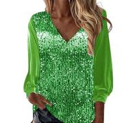 Sequin Top Women's Long Sleeve Velvet Glitter Blouse Festive Party Glitter Blouses Elegant V-Neck Large Sizes Tunic Sexy New Year's Eve Outfit Pullover Modern Casual Shirt with Glitter, Green, 3XL