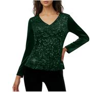 Sequin Tops 3/4 Sleeve Velvet Shirts for Women UK Sparkly V Neck Blouses Cozy Soft Patchwork Pullover Glitter Elegant Fitted Blouses Versatile Casual Plain Shirts Fashion Clothes S-XXL Green