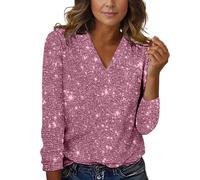 Sequin Tops For Women Casual Elegant Glitter Sparkly V Neck Party Night Long Sleeve Pullover Tee Shirts 2024 Comfort Color Sweatshirts for Women (Pink, M)