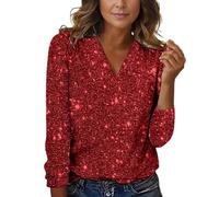Sequin Tops For Women Casual Elegant Glitter Sparkly V Neck Party Night Long Sleeve Pullover Tee Shirts 2024 Comfort Color Sweatshirts for Women (Red, XL)