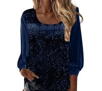 Sequin Tops for Women Crew Neck Blouse Glitter Solid Casual Pullover Patchwork Velvet Tops Ladies Sparkly Evening Party Top Tunic Shirt Elegant T Shirt Festival Tees Holiday Clohtes Navy