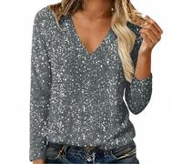 Sequin Tops for Women Elegant Shimmer Glitter Shirts V Neck Sparkly Party Evening Top Ladies Pullover Jumpers Womens Sweater Shimmer T-Shirt Glitter Festival Holiday Clothes Comfy T-Shirt (Grey, XL)