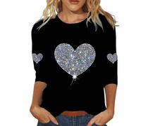 Sequin Tops for Women - Heart Printed 3/4 Sleeve Blouses Ladies Sparkly Glitter Tunic Tops Round Neck Loose Fit Casual T-Shirt Evening Cocktail Partywear Top White