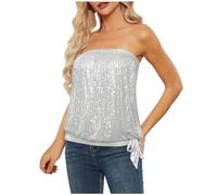 Sequin Tops for Women Sparkly Elastic Ruched Twist Knot Tie for Party Shiny Shimmer Tube Top Sexy Strapless Stretchy Crop Vest Chest Wrap Party Costume Bandeau Tank Blouse White