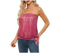 Sequin Tops for Women Sparkly Elastic Ruched Twist Knot Tie for Party Shiny Shimmer Tube Top Sexy Strapless Stretchy Crop Vest Chest Wrap Party Costume Bandeau Tank Blouse Hot Pink