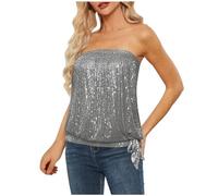 Sequin Tops for Women Sparkly Elastic Ruched Twist Knot Tie for Party Shiny Shimmer Tube Top Sexy Strapless Stretchy Crop Vest Chest Wrap Party Costume Bandeau Tank Blouse Gray