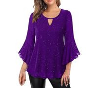 Sequin Tops for Women UK 3/4 Ruffle Sleeve Glitter Sparkly Blouse Skirt V Neck Tunic Shimmer New Year's Eve Outfit Elegant Festive Carnival Blouses Trendy Flowy Wedding Party Mesh Shirt Purple