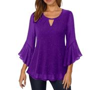 Sequin Tops for Women UK 3/4 Sleeve Crew Neck Ruffled Blouses Double Mesh Sparkly Tshirt Ladies Elegant Dressy Pullover Party Evening Glitter Tunic Top Purple