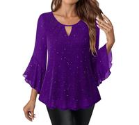 Sequin Tops for Women UK 3/4 Sleeve Crew Neck Ruffled Blouses Double Mesh Sparkly Tshirt Ladies Elegant Dressy Pullover Party Evening Glitter Tops Tunic Top Purple
