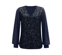 Sequin Tops for Women UK Clearance V Neck Solid Long Sleeve Pullover Blouses Ladies Satin Silk Sleeve Sparkly Shimmer Shirt Elegant Glitter T Shirt Festival Party Shining Tees UK Size S-3XL