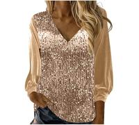 Sequin Tops for Women UK Clearance V Neck Solid Long Sleeve Pullover Blouses Ladies Satin Silk Sleeve Sparkly Shimmer Shirt Elegant Glitter T Shirt Festival Party Shining Tees UK Size S-3XL