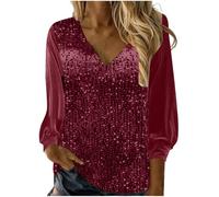 Sequin Tops for Women UK Clearance V Neck Solid Long Sleeve Pullover Blouses Ladies Satin Silk Sleeve Sparkly Shimmer Shirt Elegant Glitter T Shirt Festival Party Shining Tees UK Size S-3XL
