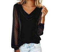 Sequin Tops for Women UK Fashion Lace Mesh Sheer Long Sleeve Velvet Blouses Cozy Cowl Neck Sparkly Shirts Casual Glitter Fitted Shirt Evening Party Club Outfits Black