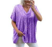 Sequin Tops for Women UK Loose Sexy Deep V Neck Short Sleeve Glitter Sequin T Shirts Plus Size Fashion Solid Sparkly Blouses Evening Party Club Tee Shirts Summer Tops M-XXL