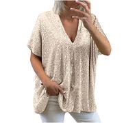 Sequin Tops for Women UK Loose Sexy Deep V Neck Short Sleeve Glitter Sequin T Shirts Plus Size Fashion Solid Sparkly Blouses Evening Party Club Tee Shirts Summer Tops M-XXL