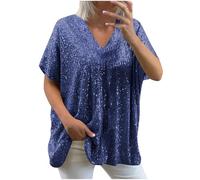 Sequin Tops for Women UK Loose Sexy Deep V Neck Short Sleeve Glitter Sequin T Shirts Plus Size Fashion Solid Sparkly Blouses Evening Party Club Tee Shirts Summer Tops, S-XXXL