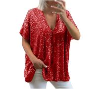 Sequin Tops for Women UK Loose Sexy Deep V Neck Short Sleeve Glitter Sequin T Shirts Plus Size Fashion Solid Sparkly Blouses Evening Party Club Tee Shirts Summer Tops S-XXXL