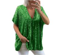 Sequin Tops for Women UK Loose Sexy Deep V Neck Short Sleeve Glitter Sequin T Shirts Plus Size Fashion Solid Sparkly Blouses Evening Party Club Tee Shirts Summer Tops S-XXXL