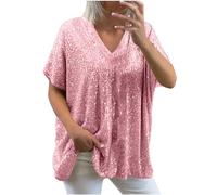 Sequin Tops for Women UK Loose Sexy Deep V Neck Short Sleeve Glitter Sequin T Shirts Plus Size Fashion Solid Sparkly Blouses Evening Party Club Tee Shirts Summer Tops M-XXL