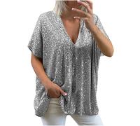 Sequin Tops for Women UK Loose Sexy Deep V Neck Short Sleeve Glitter Sequin T Shirts Plus Size Fashion Solid Sparkly Blouses Evening Party Club Tee Shirts Summer Tops M-XXL